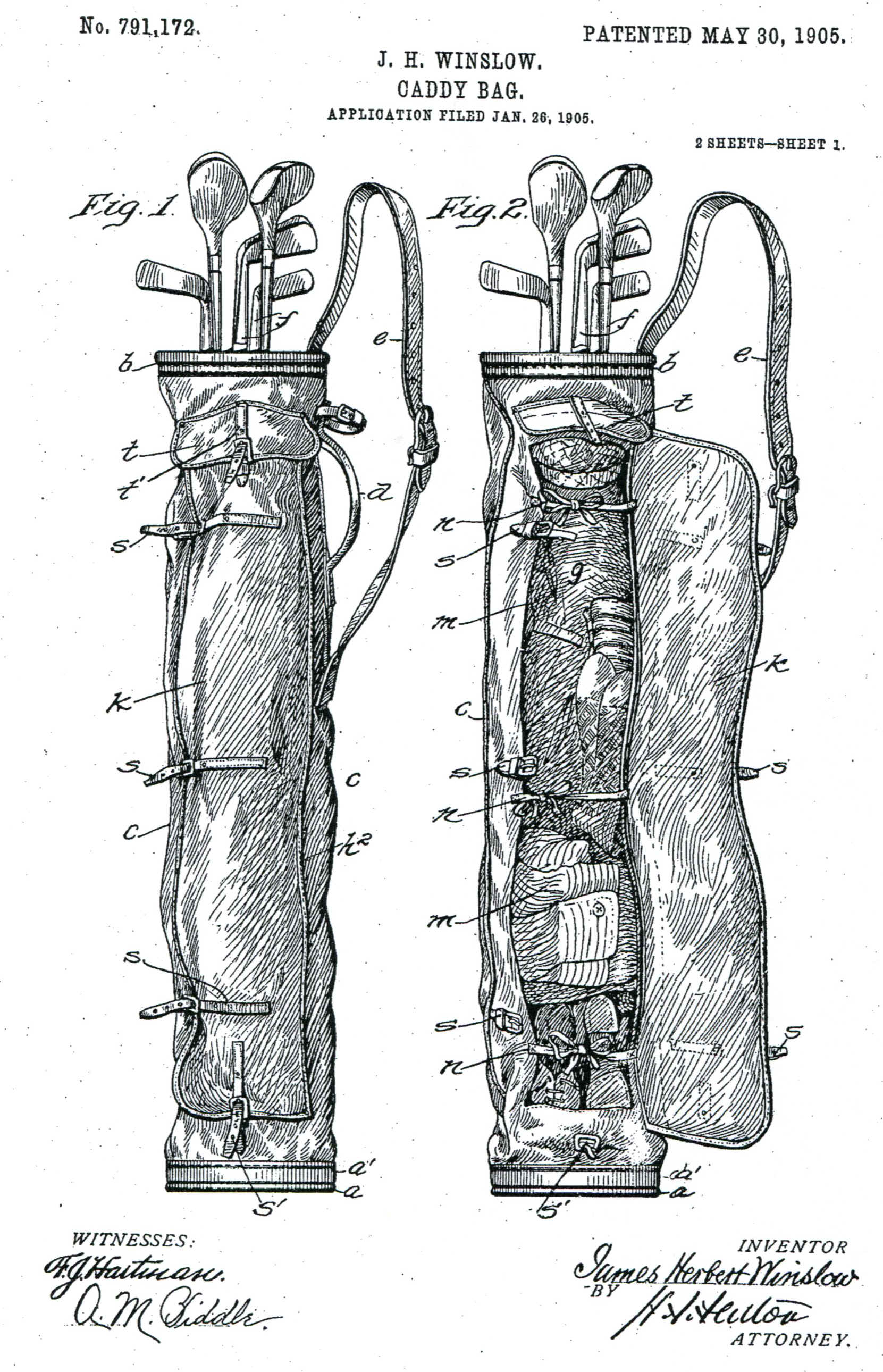 The patent drawing for JH Winslow's 1906 "Caddy Bag"