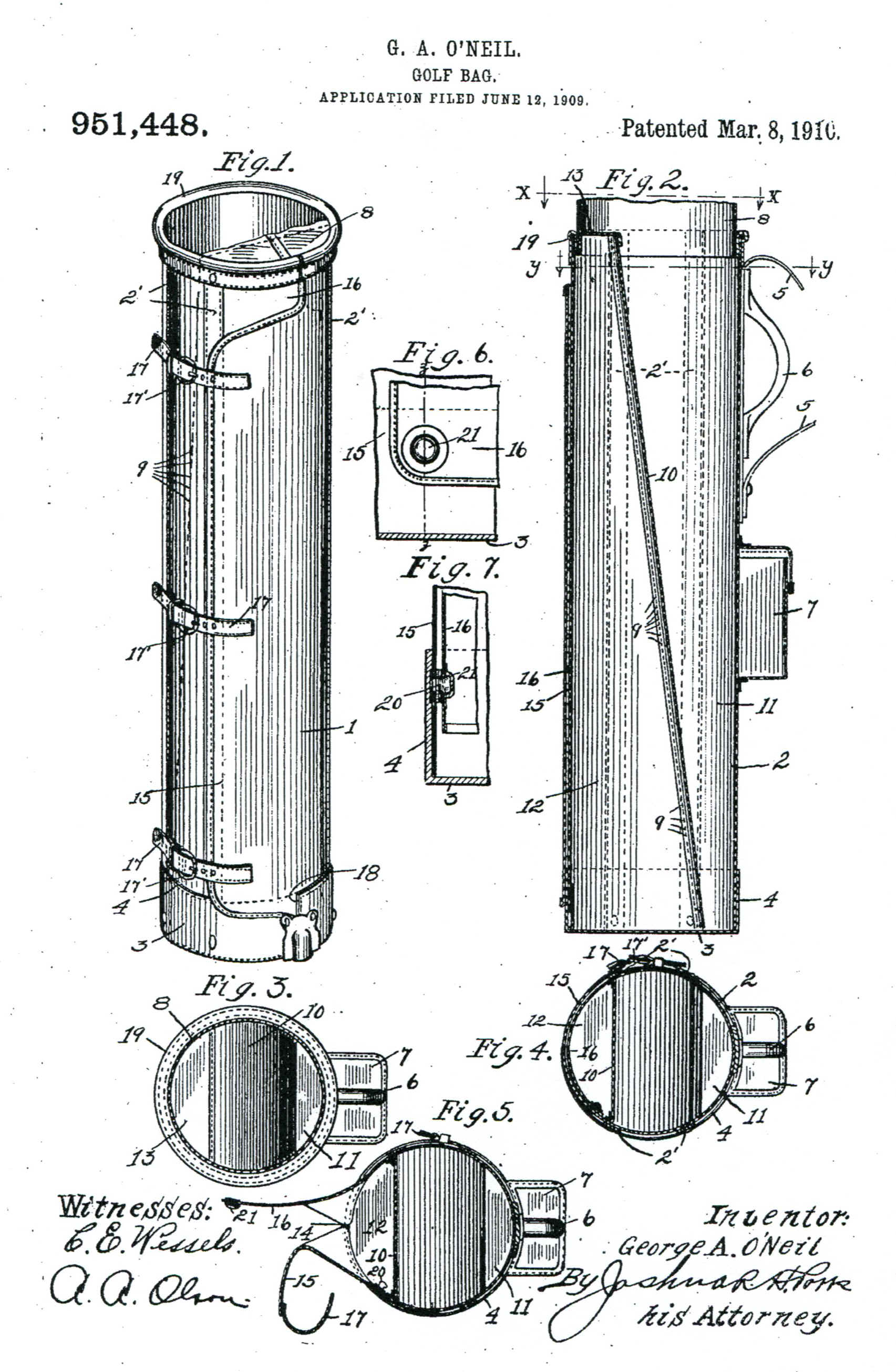 The patent drawing for GA O'Neil's 1910 Golf Bag.