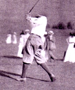 A photo of one of 1913 US Open Winner Francis Ouimet's powerful and graceful golf swings from the back.
