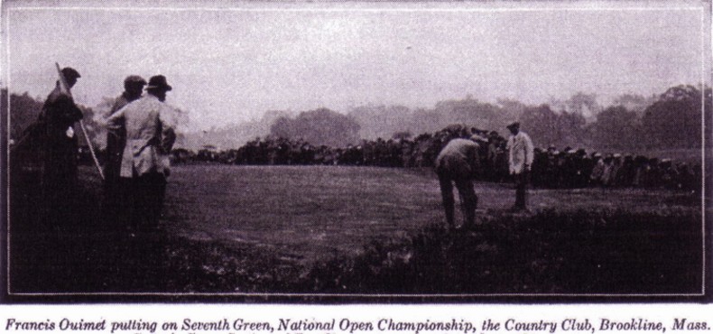 A phtoto of Francis Quimet putting on the 7th green at The Country Club Brookline