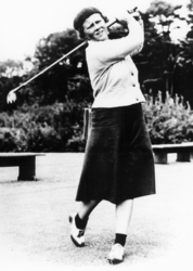 A vintage photo of 1950's golf fashions worn by golfing legend Patty Berg.