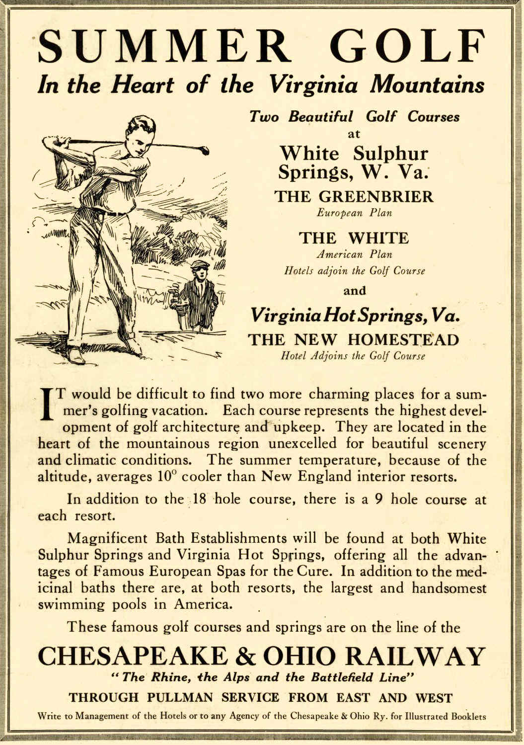 A photo of a vintage ad for The Greenbrier and The Homstead Golf Resorts.