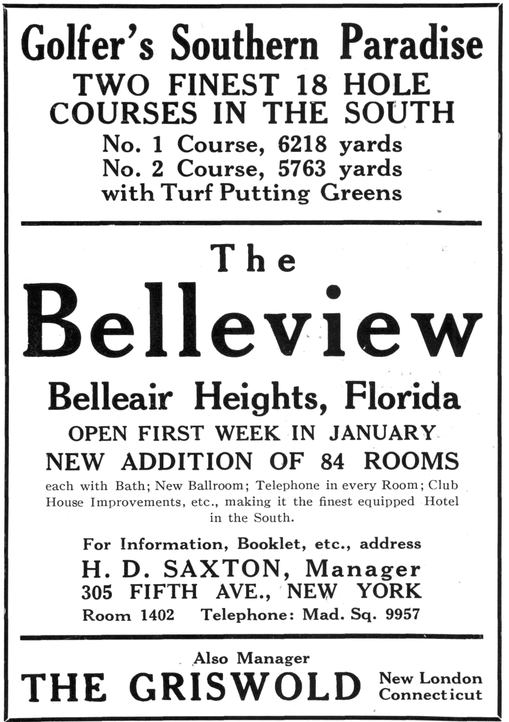 A photo of a vintage ad for the Early American Golf Resort - The Belleview.