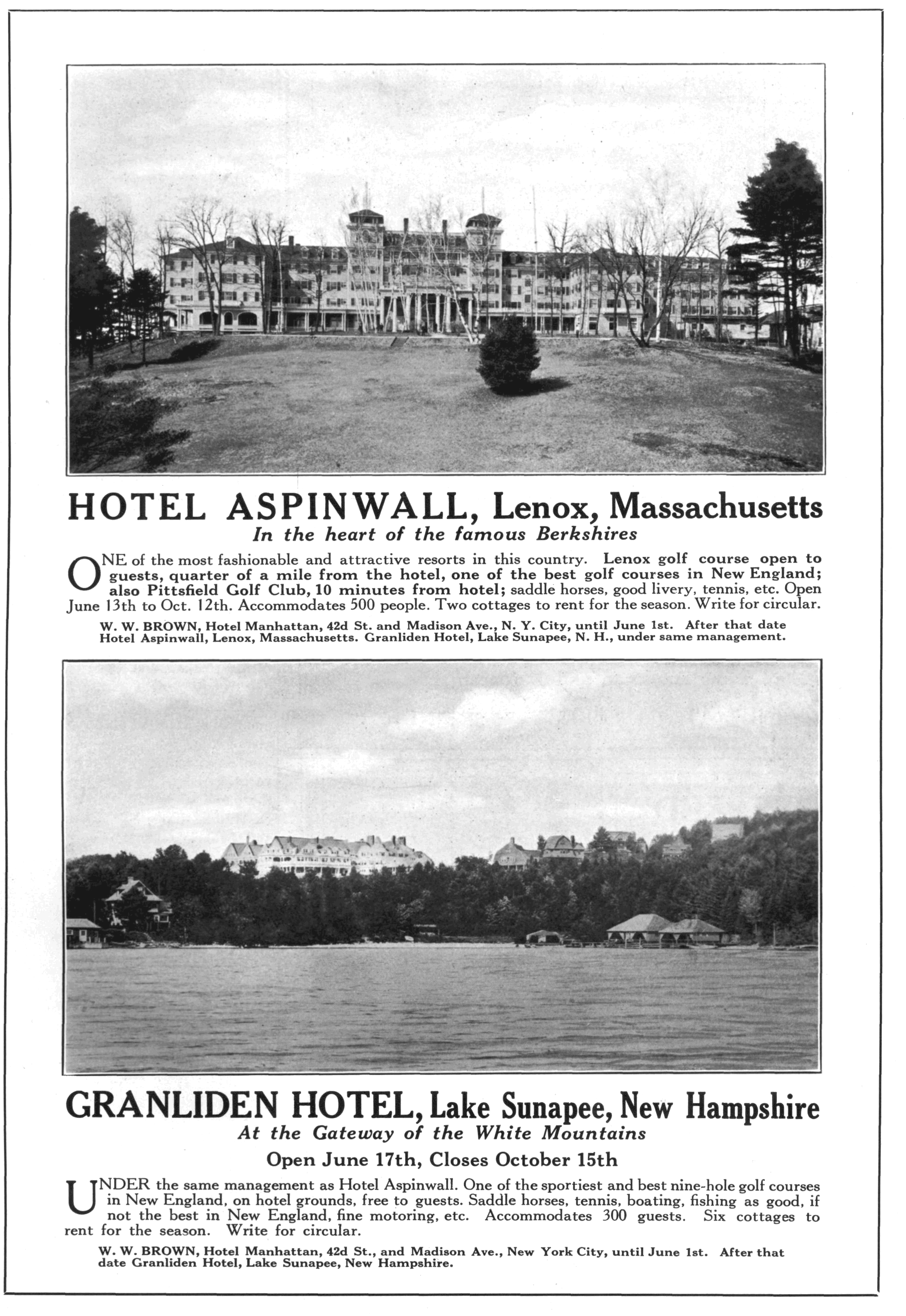 A photo of a vintage ad for the Early American Golf Resorts; Hotel Aspinwall & Granliden Hotel.