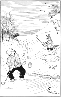 A cartoon showing a couple of northerners playing golf in the snow.