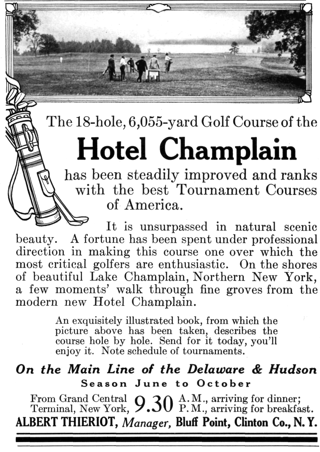 A photo of a Vintage Ad for Hotel Champlain, America's 1st golf resort