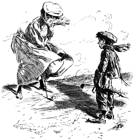 A cartoon of a lady circa 1910 receiving advise from her caddie on a windy day.