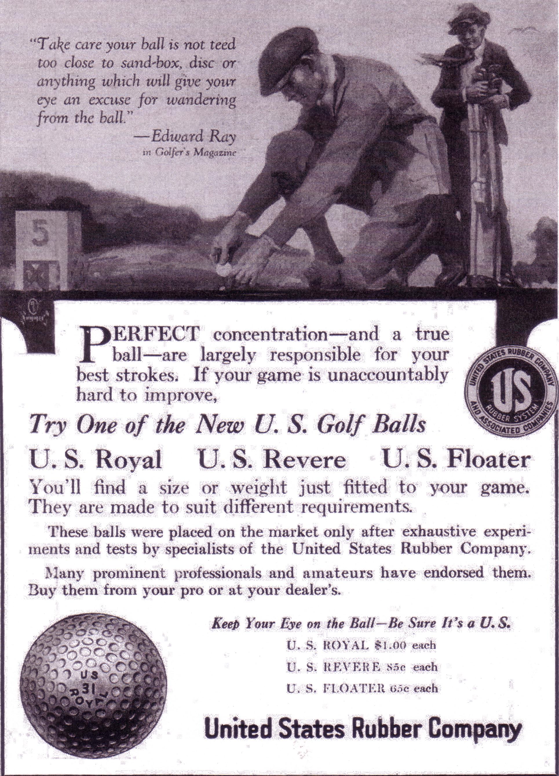 Vintage ad for US Rubber Golf Balls including the US Floater