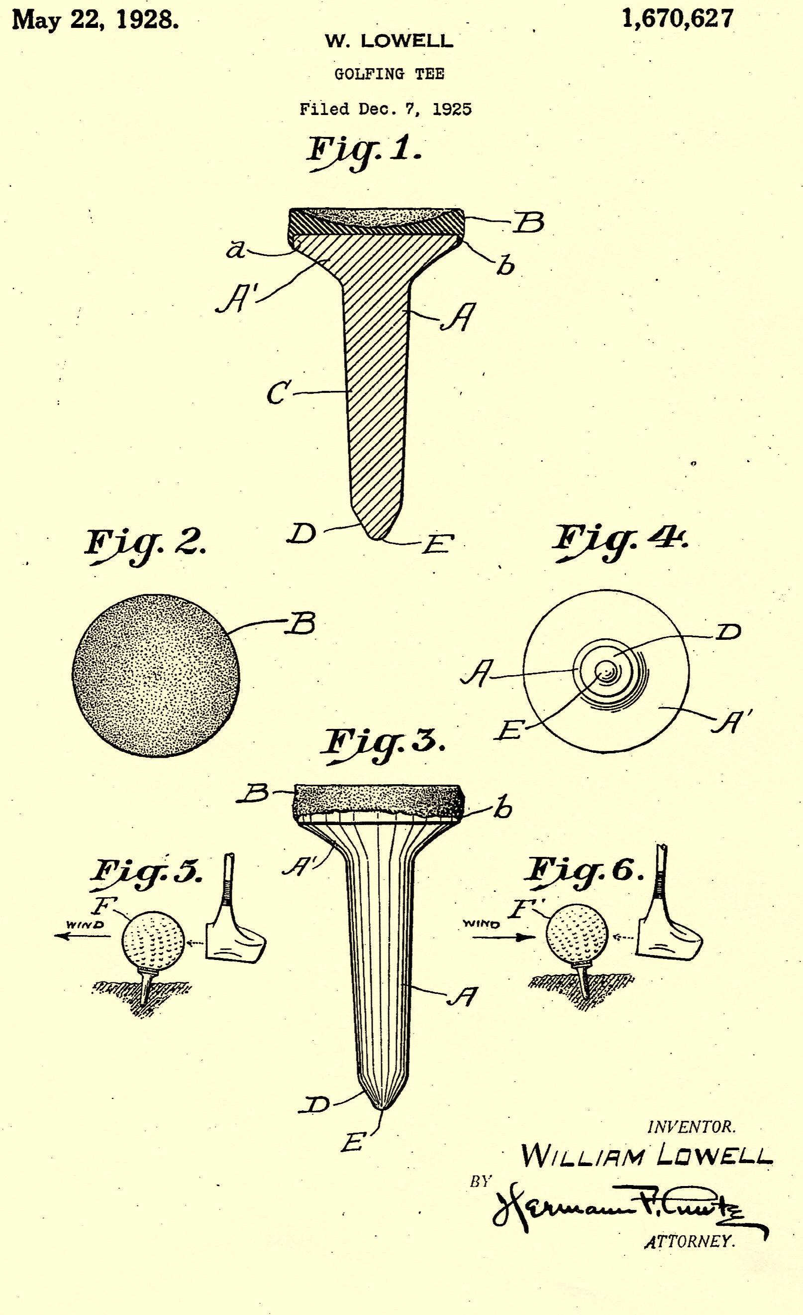 A copy of the patent drawing for Dr. Lowell's golf tee.