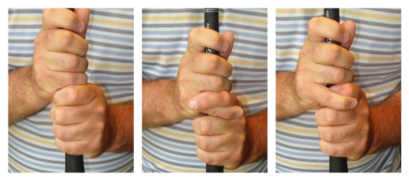 Photo showing 3 golf grips,the  baseball grip, interlocking grip, and overlapping grip.