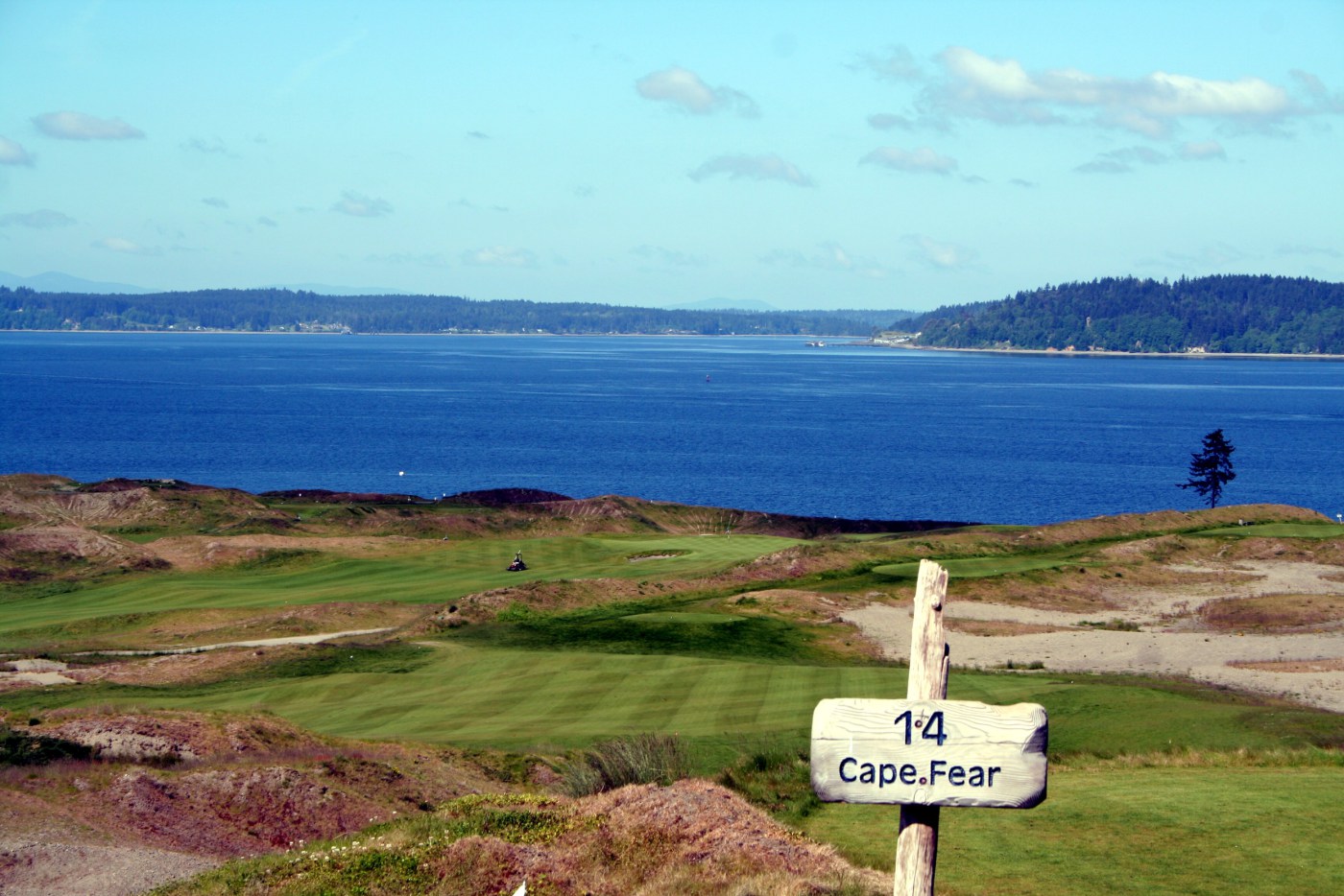 A photo from the 14th tee at Chambers Bay golf course.
