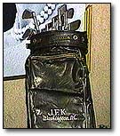 A photo of JFK's MacGregor golf clubs. The bag is mongrammed JFK,Washington DC