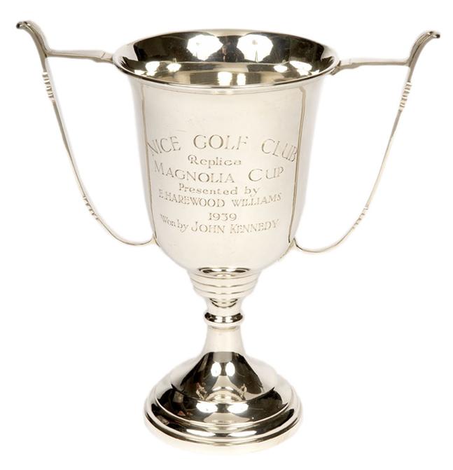 A photo of the Magnolia Cup won by President Kennedy playing in a tournament at the Nice Golf Club
