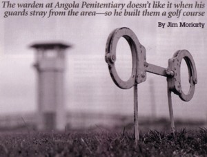 Welded hand cuffs as tee marker at prison golf course.