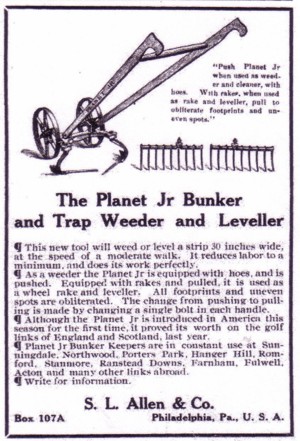 A vintage ad for golf course equipment, a bunker & sand trap weeder.