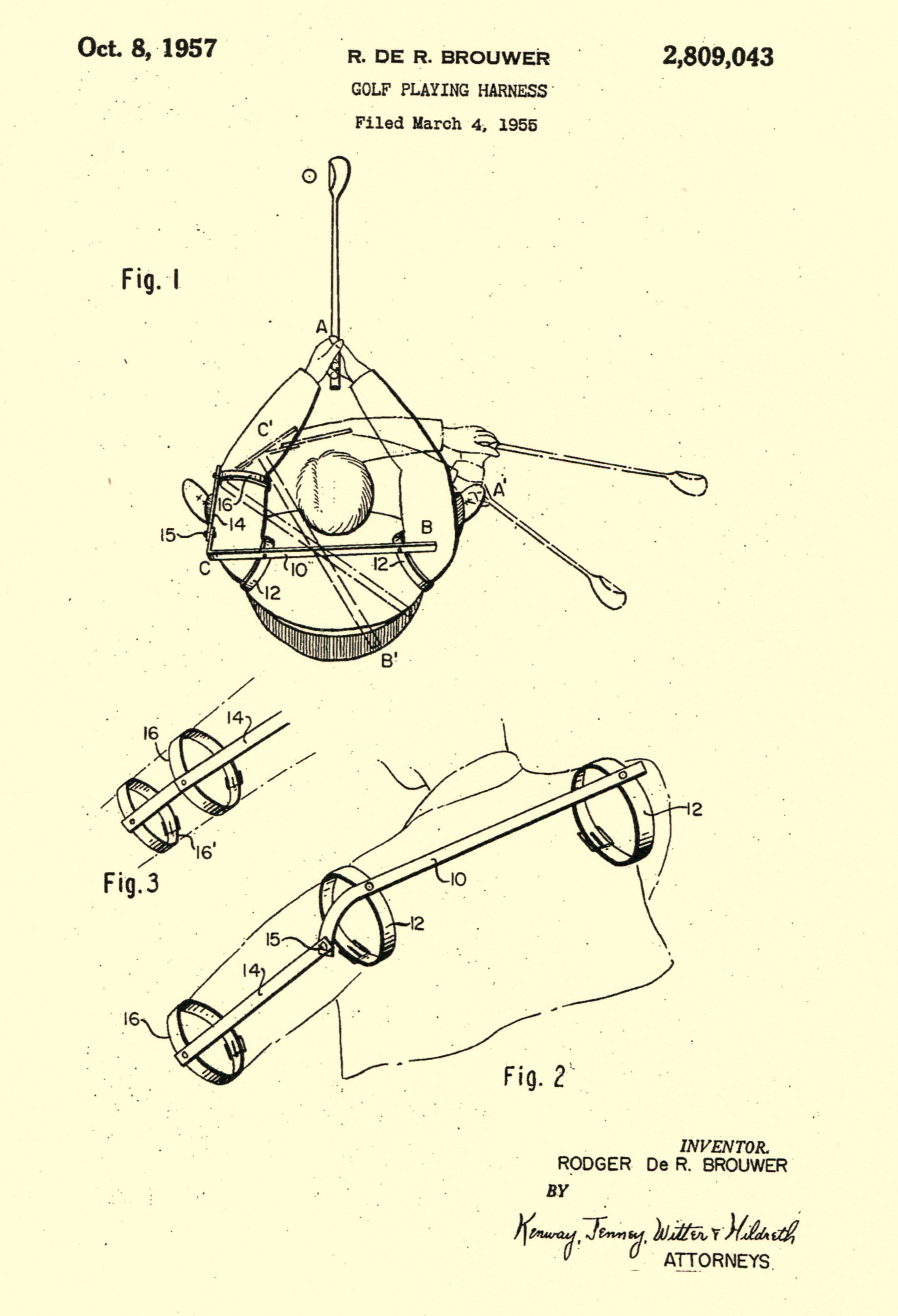 A photo of the patent drawing for a golf swing harness training aid.