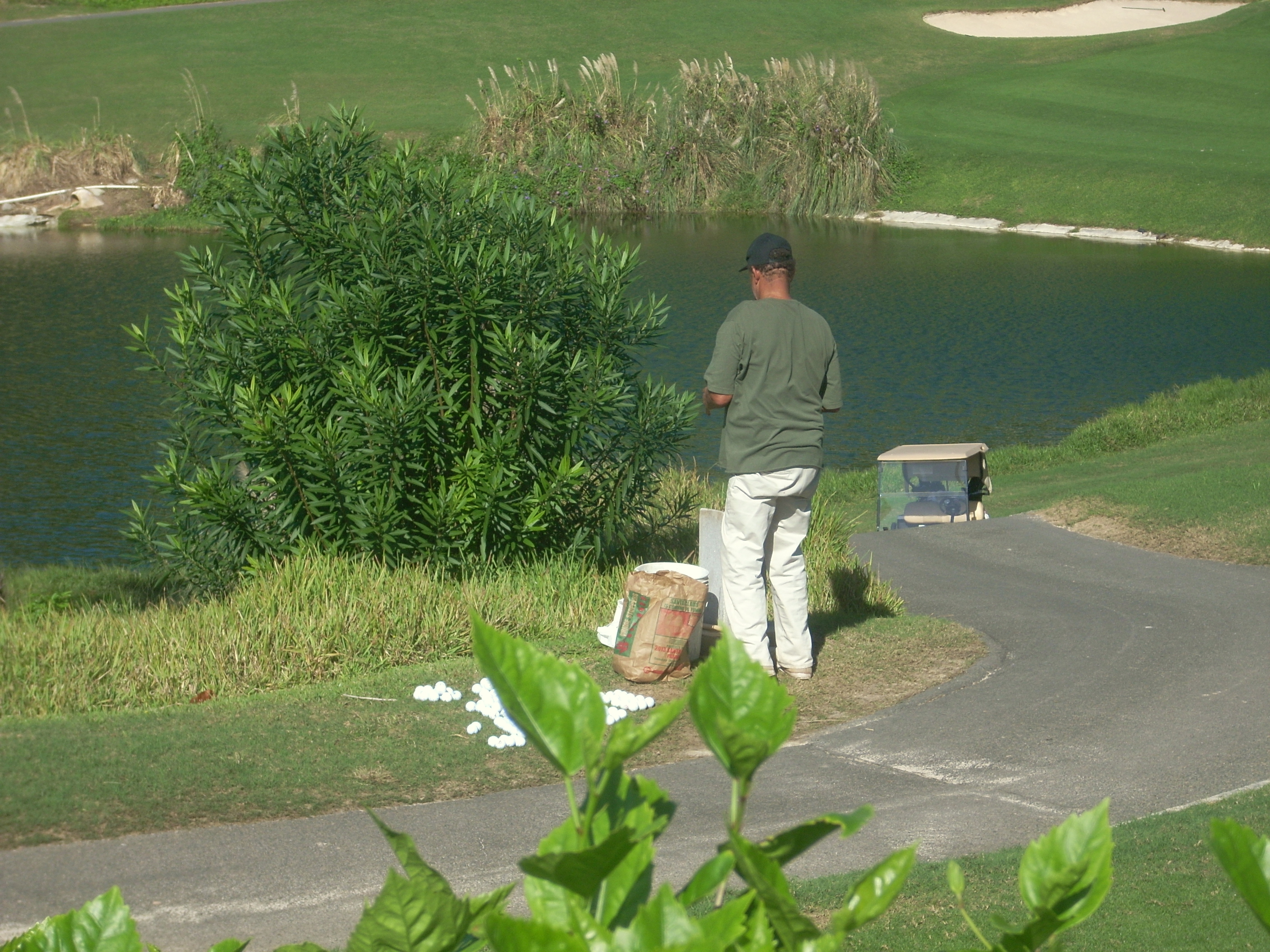 A photo a a master golf ball finder setting up shop to sell his stock.