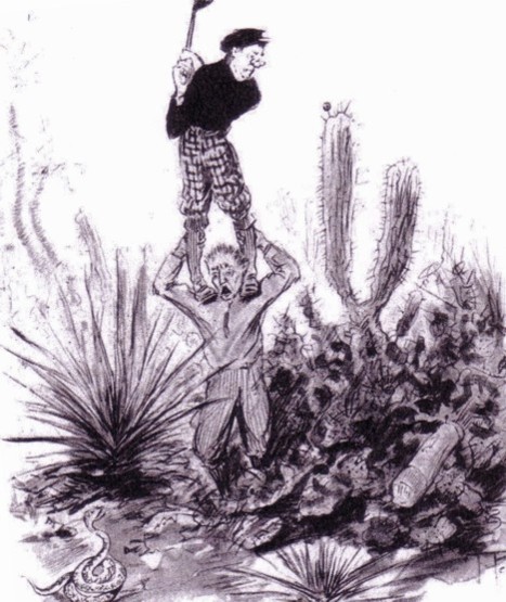 An old drawing of a golfer standing on his caddie's shoulders while trying to hit a golf shot.